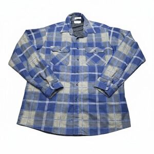 VTG 70s Sears Perma-Prest Quilted Lined Flannel Shirt Jacket Blue Gray Plaid L